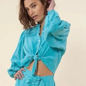 Hale Bob Angelina Solid Linen Crochet Trim Blouse Top Teal Women's Size XS NWT